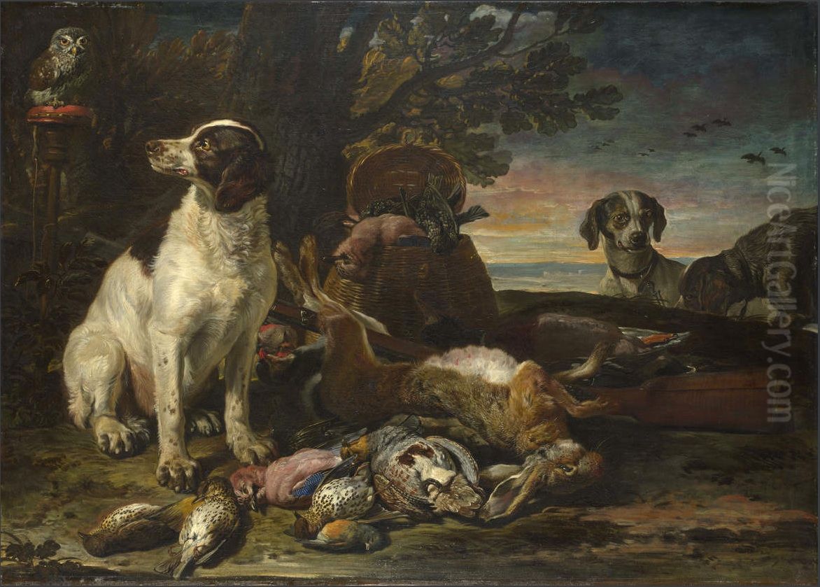 Dead Birds and Game with Gun Dogs and a Little Owl Oil Painting by David de Coninck