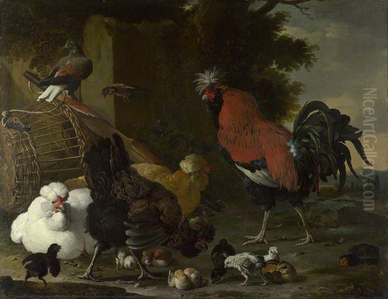 A Cock, Hens and Chicks Oil Painting by Melchior D'Hondecoeter