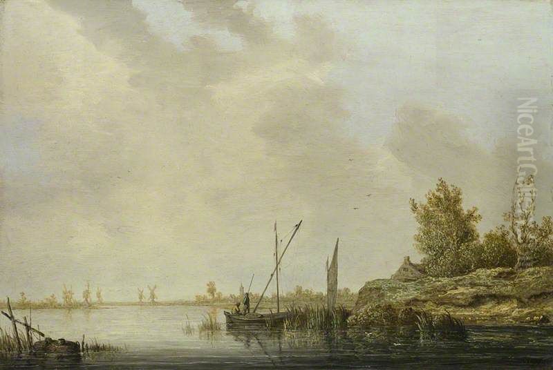 A River Scene with Distant Windmills Oil Painting by Aelbert Cuyp
