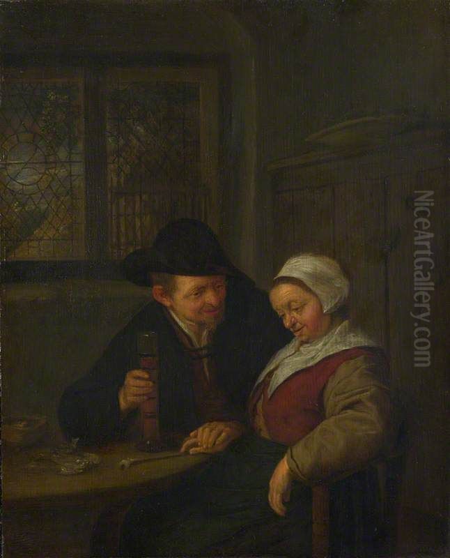 A Peasant courting an Elderly Woman Oil Painting by Adriaen van Ostade