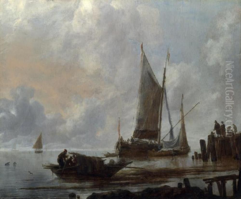 Vessels Moored off a Jetty Oil Painting by Jan Van De Cappelle