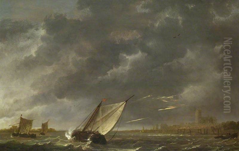 The Maas at Dordrecht in a Storm Oil Painting by Aelbert Cuyp