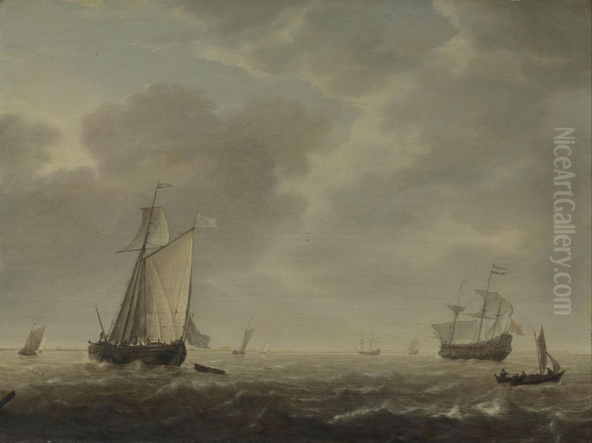 A Dutch Man-of-war and Various Vessels in a Breeze Oil Painting by Simon De Vlieger