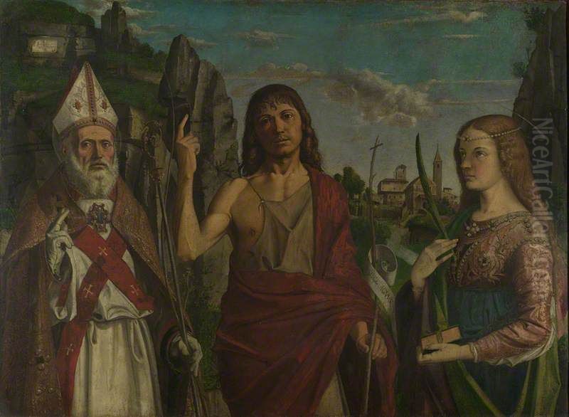 Saint Zeno, Saint John the Baptist and a Female Martyr Oil Painting by Bartolomeo Montagna
