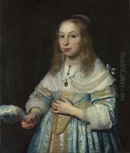 Retrato de jovem rapariga vestida de azul com uma pena de avestruz