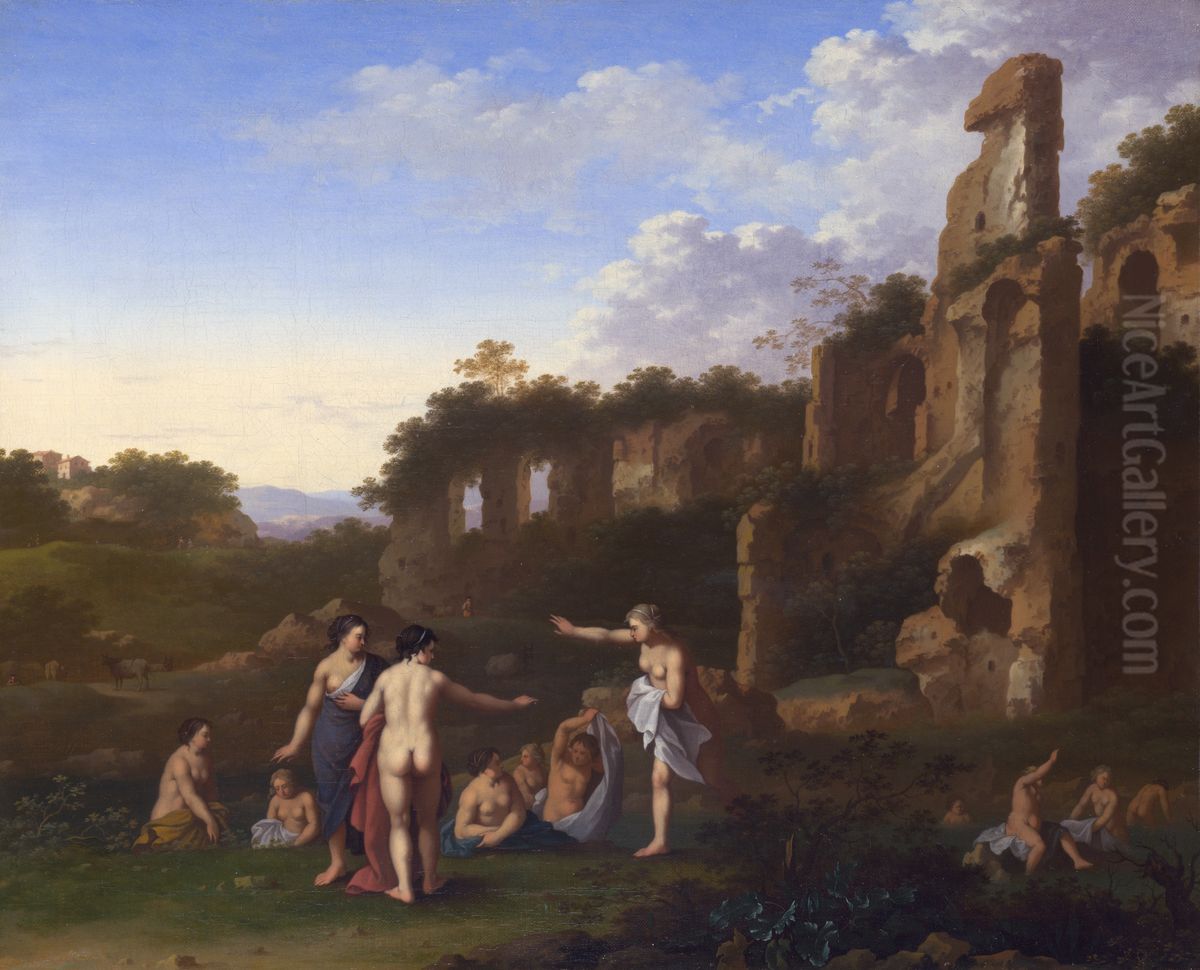 Women bathing in a Landscape Oil Painting by Cornelius van Poelenburgh