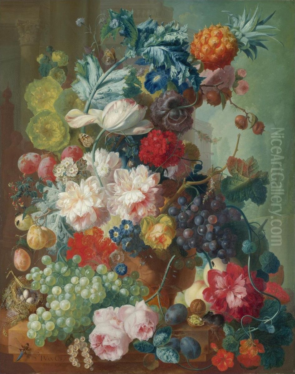 Fruit and Flowers in a Terracotta Vase Oil Painting by Jan van Os