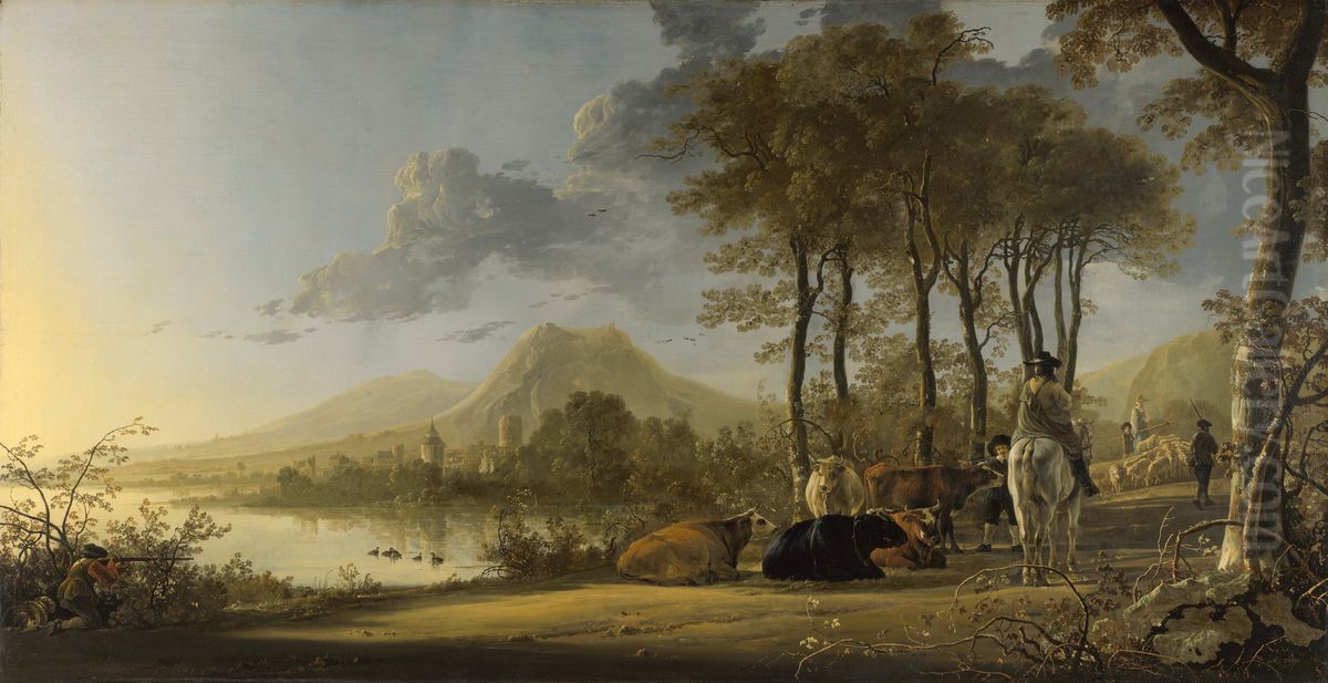 Rivierlandschap met ruiter en vee Oil Painting by Aelbert Cuyp