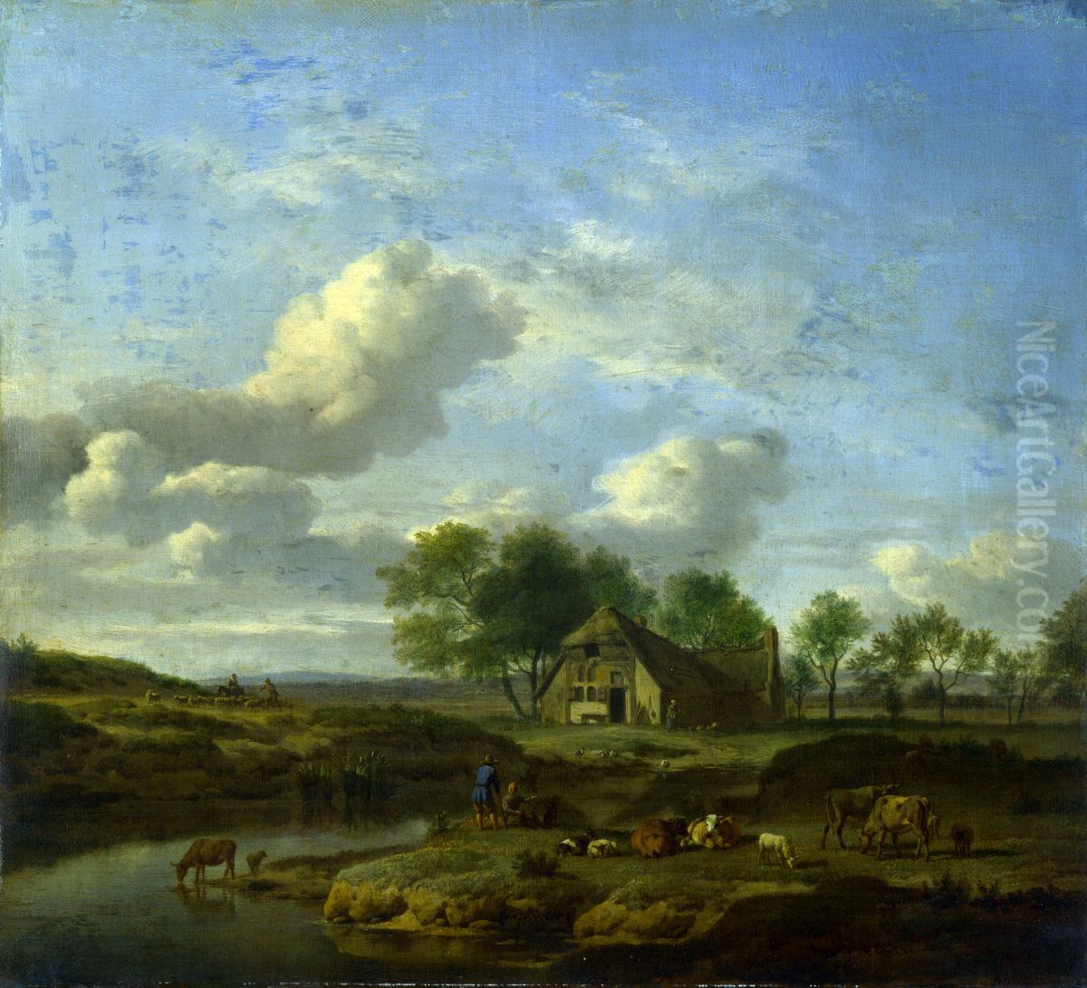 A Landscape with a Farm by a Stream Oil Painting by Adriaen Van De Velde