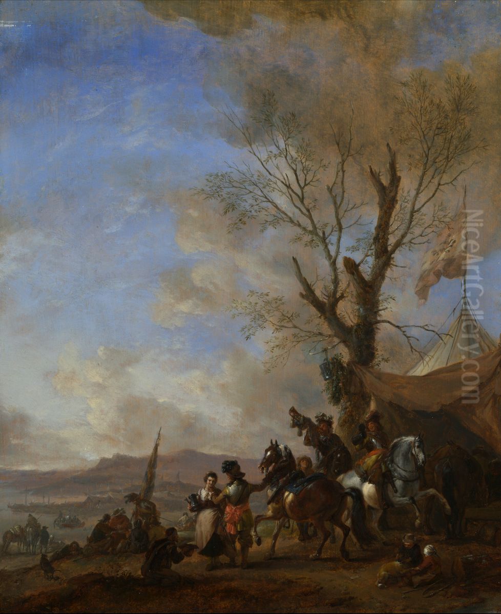 Cavalrymen halted at a Sutler's Booth Oil Painting by Philips Wouwerman