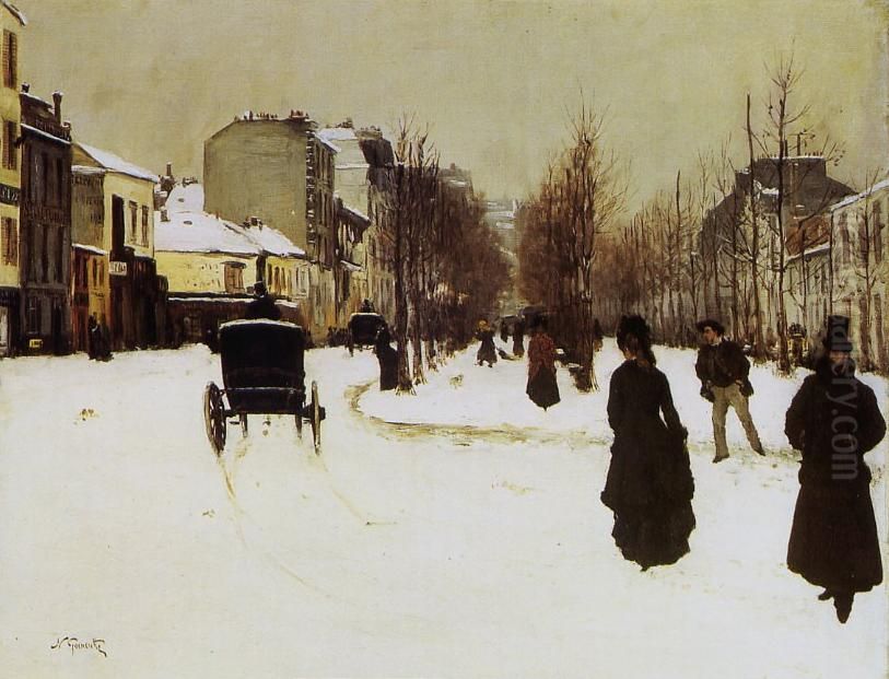 Le Boulevard de Clichy, par un temps de neige Oil Painting by Norbert Goeneutte