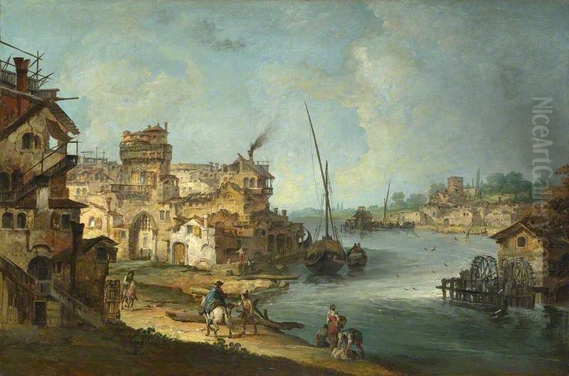 Buildings and Figures near a River with Shipping Oil Painting by Michele Marieschi