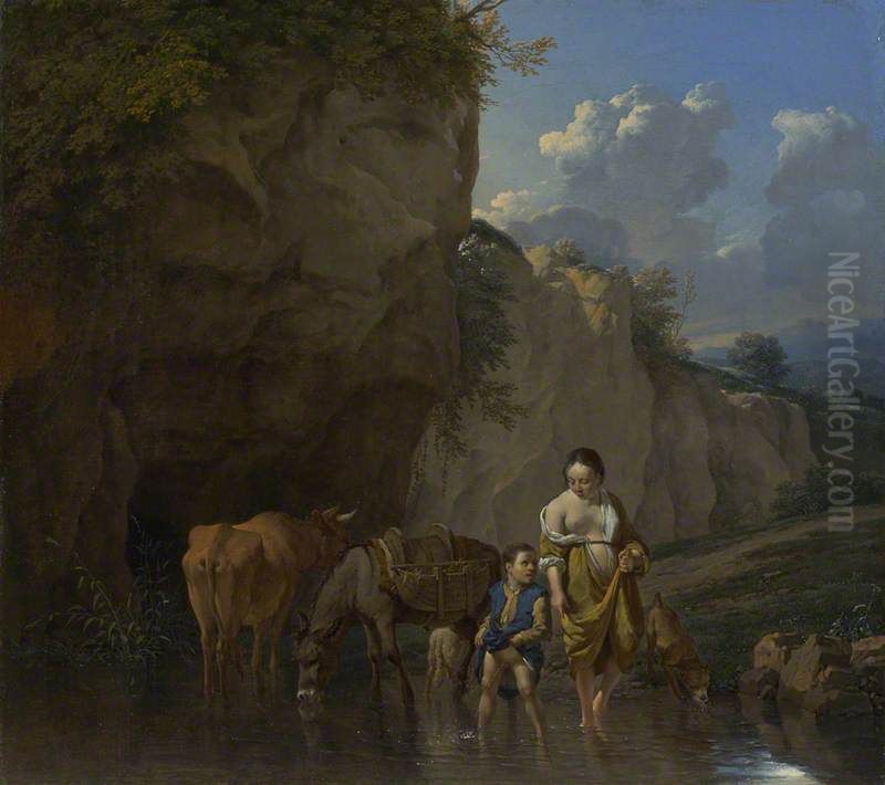 A Woman and a Boy with Animals at a Ford Oil Painting by Karel Dujardin