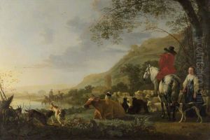 A Hilly River Landscape with a Horseman talking to a Shepherdess