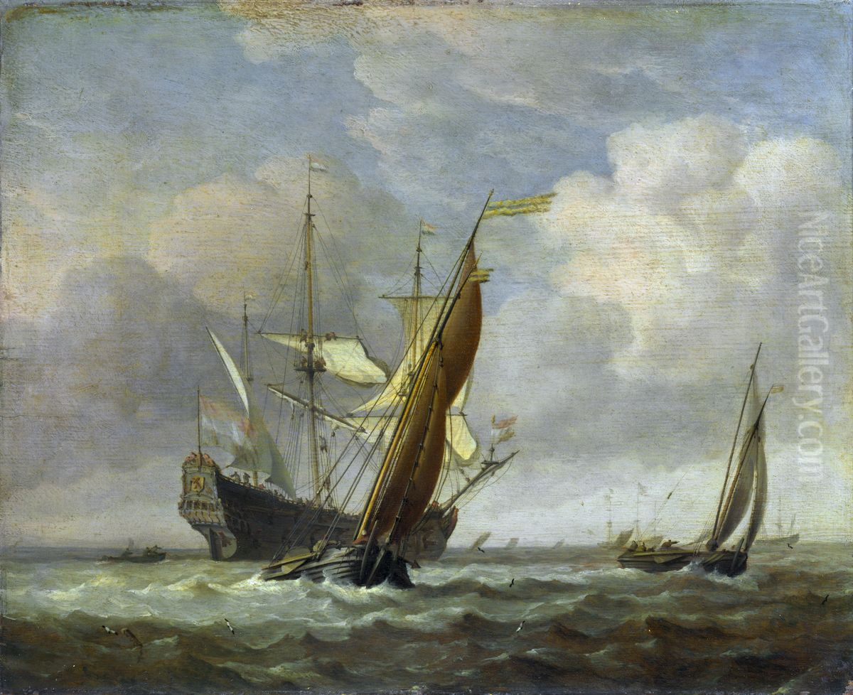 Two Small Vessels and a Dutch Man-of-War in a Breeze Oil Painting by Willem van de Velde the Younger