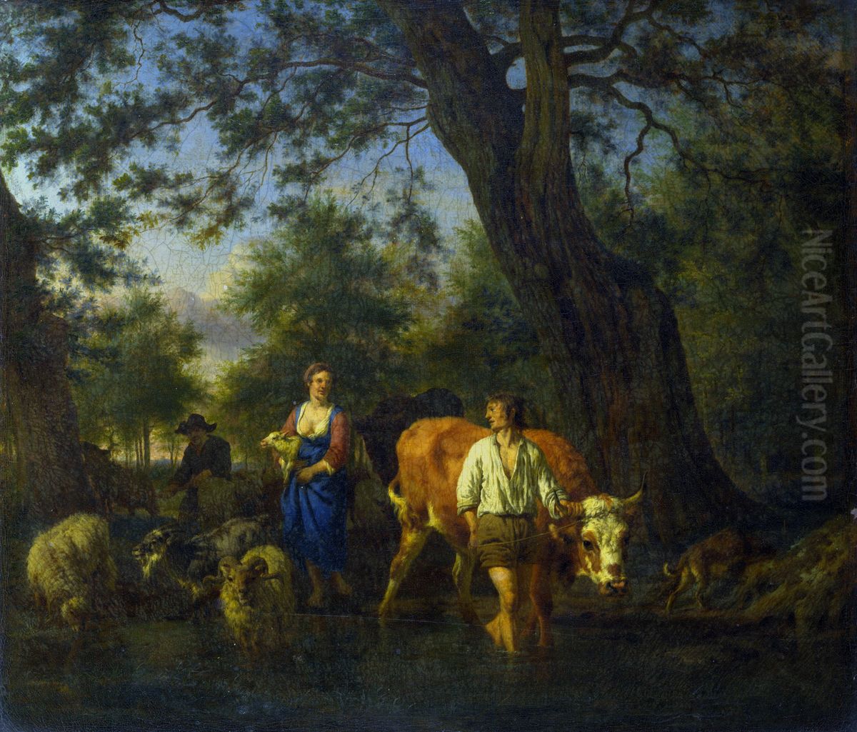Peasants with Cattle fording a Stream Oil Painting by Adriaen Van De Velde
