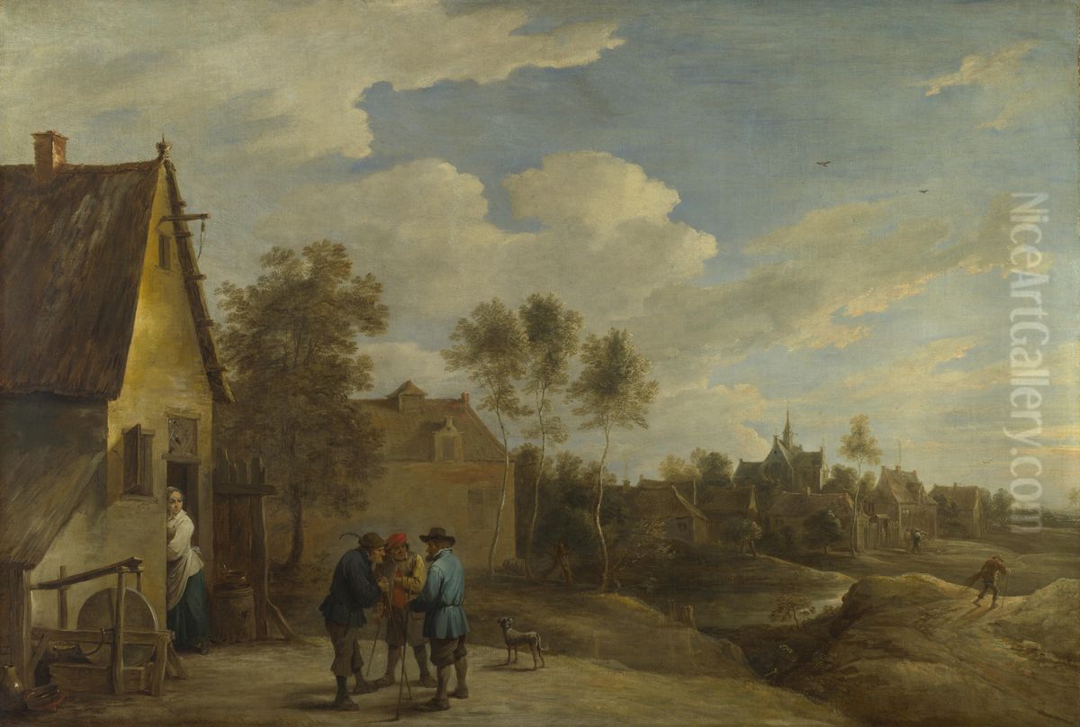 Dorpsgezicht met drie pratende boeren op de voorgrond Oil Painting by David Teniers the Younger