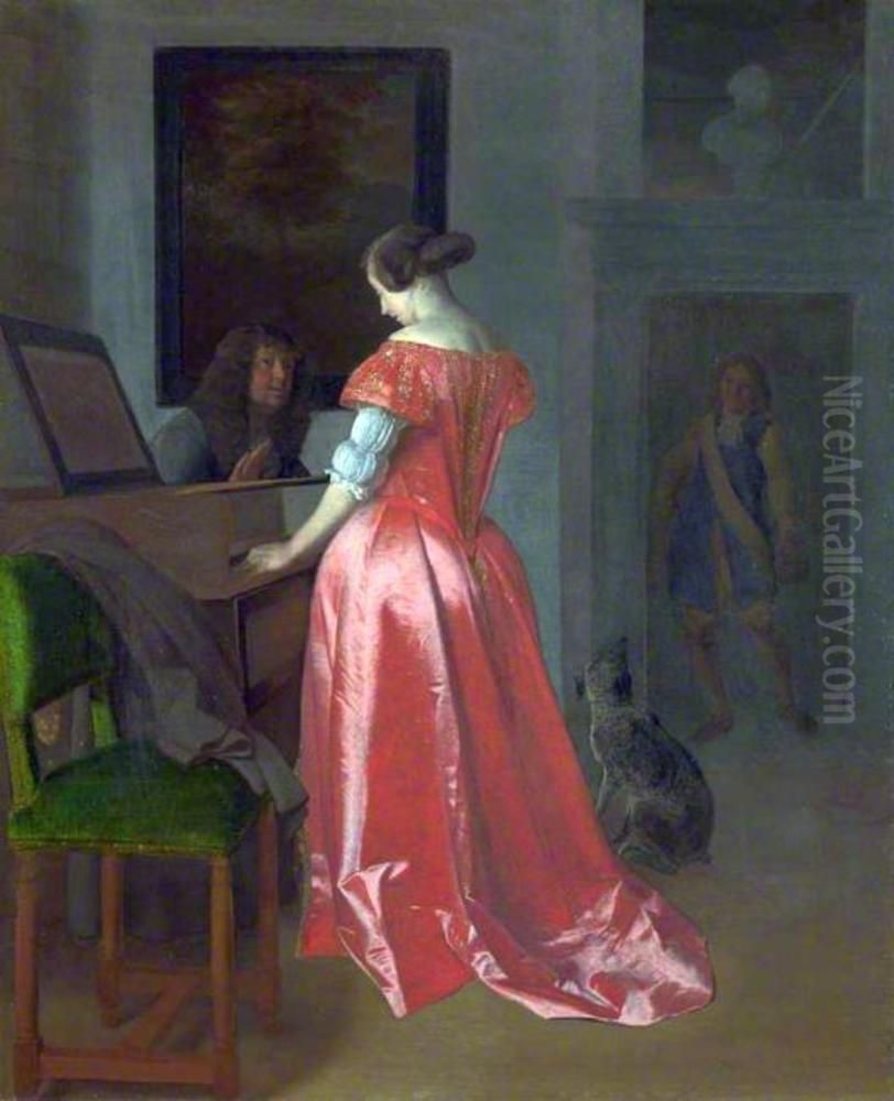 A Woman standing at a Harpsichord, a Man seated by her Oil Painting by Jacob Ochtervelt