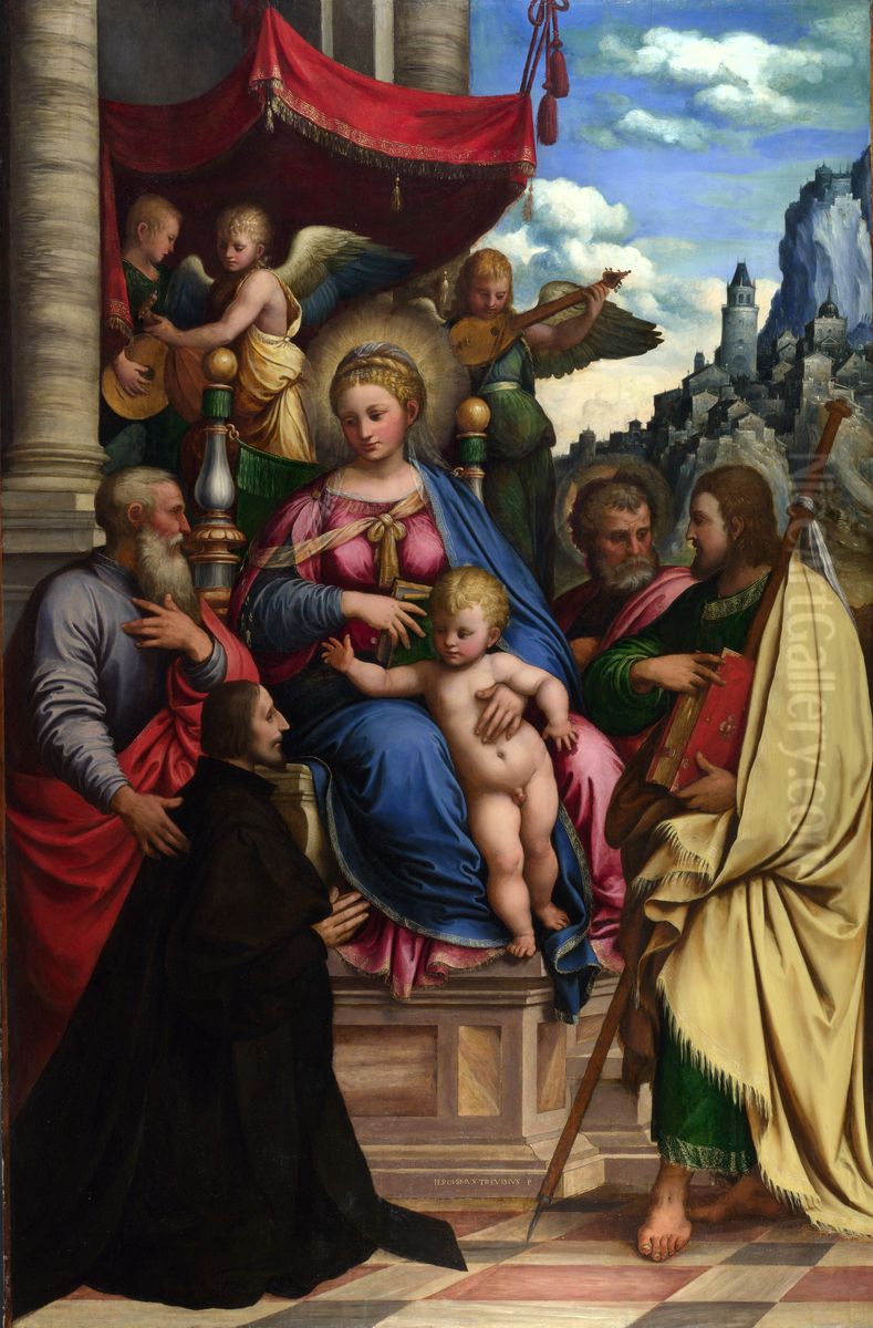 The Madonna and Child with Angels, Saints and a Donor Oil Painting by Girolamo da Treviso the Younger