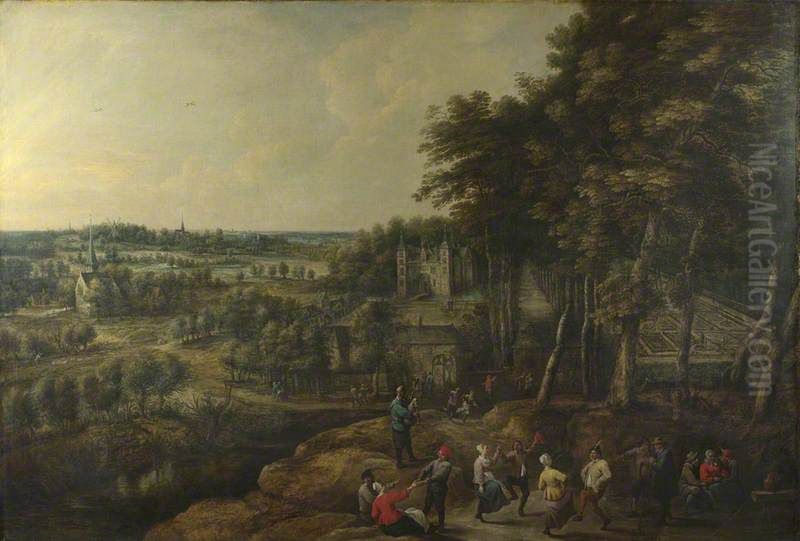 Peasants merry-making before a Country House Oil Painting by Lucas Van Uden