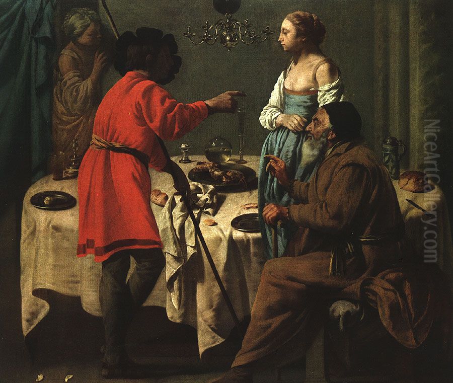Jacob verwijt Laban zijn bedrog met Lea Oil Painting by Hendrick Ter Brugghen