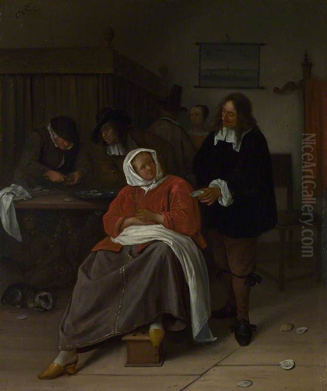 An Interior with a Man offering an Oyster to a Woman) Oil Painting by Jan Steen