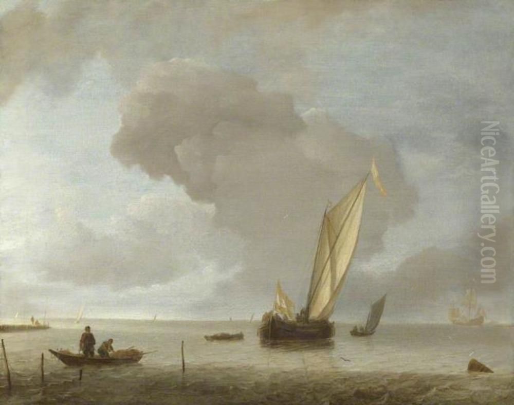 A Small Dutch Vessel before a Light Breeze Oil Painting by Jan Van De Cappelle