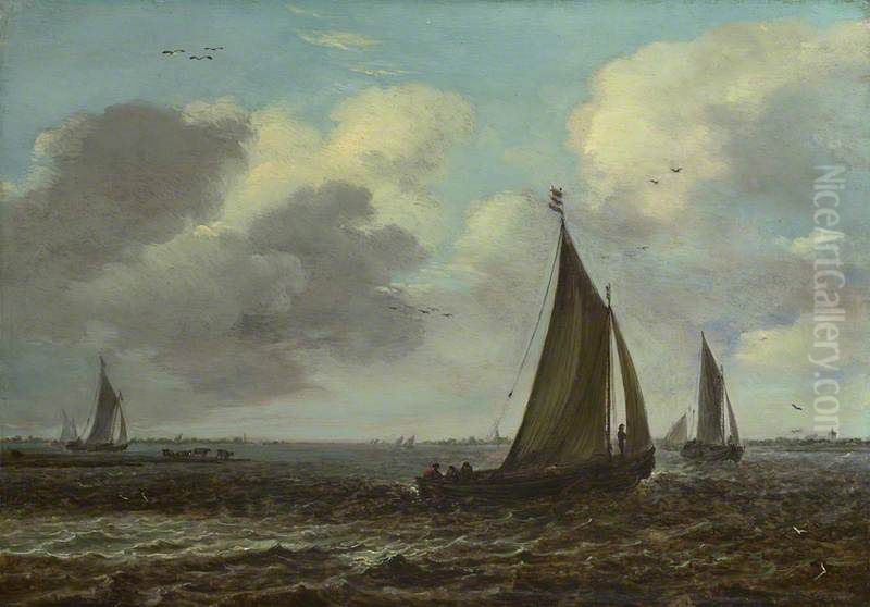 Sailing Vessels on a River in a Breeze Oil Painting by Jan van Goyen