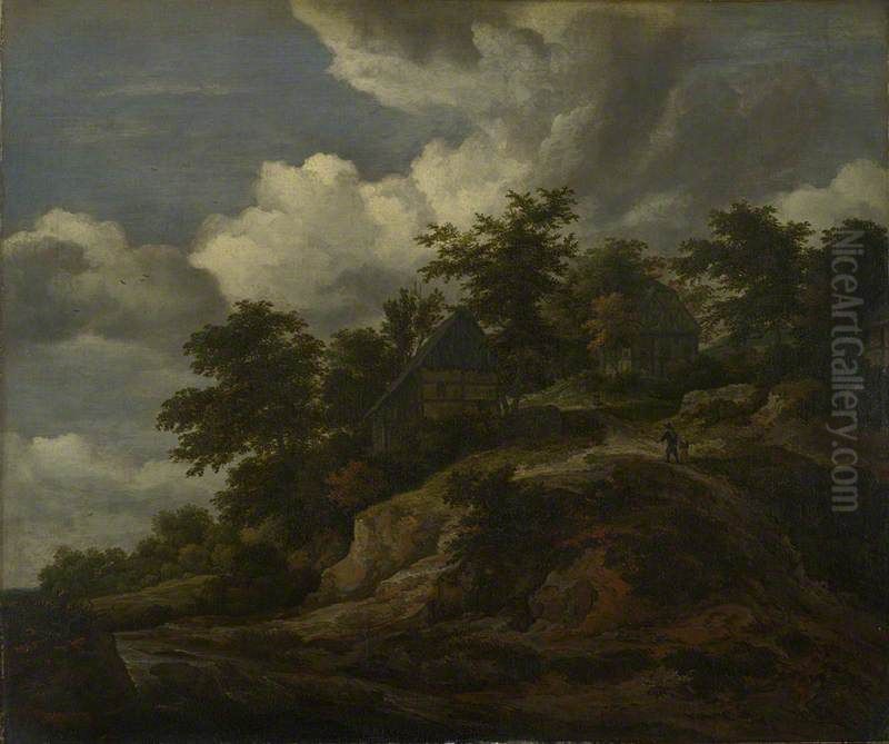 A Rocky Hill with Three Cottages, a Stream at its Foot Oil Painting by Jacob Van Ruisdael