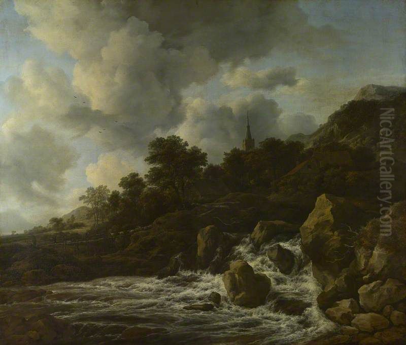 A Waterfall at the Foot of a Hill, near a Village Oil Painting by Jacob Van Ruisdael