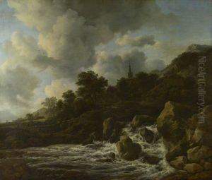 A Waterfall at the Foot of a Hill, near a Village