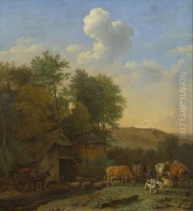 A Landscape with Cows, Sheep and Horses by a Barn