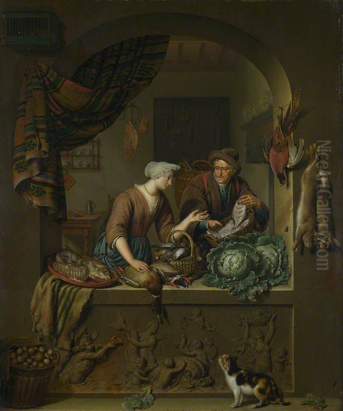 A Woman and a Fish-pedlar in a Kitchen Oil Painting by Willem Van Mieris Leiden