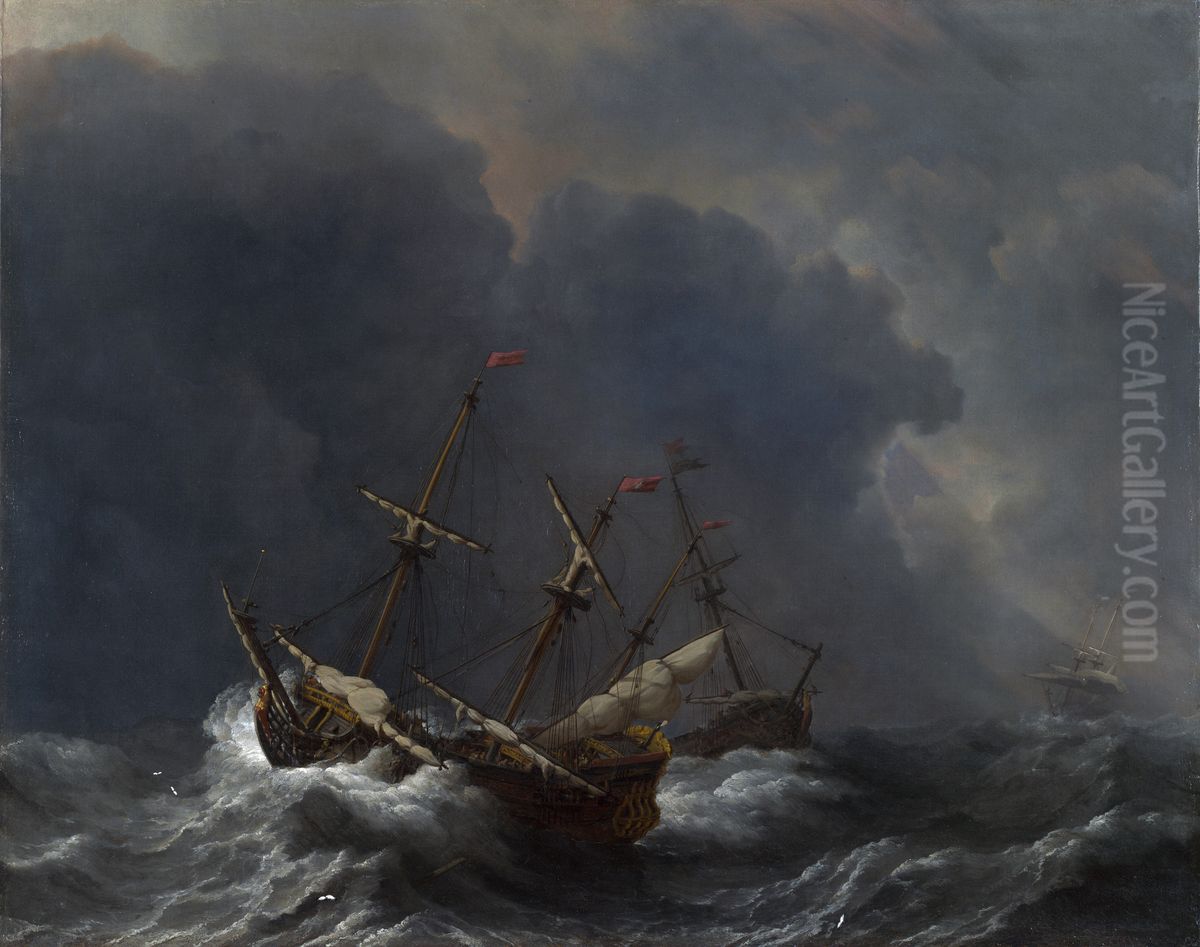 Three Ships in a Gale Oil Painting by Willem van de Velde the Younger