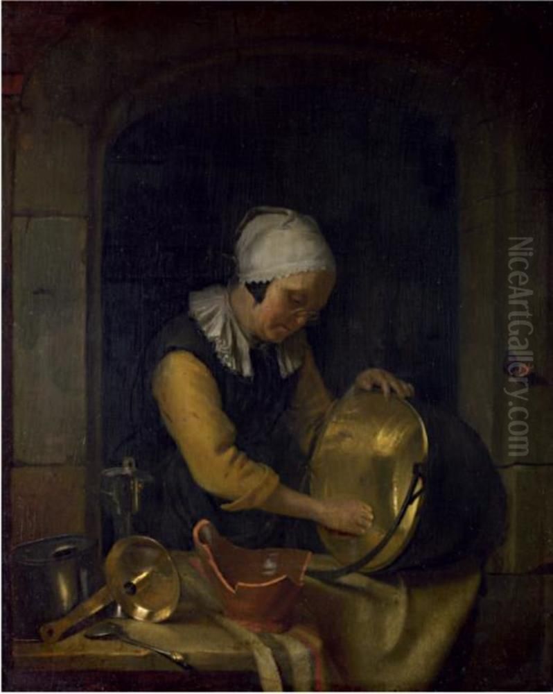An Old Woman scouring a Pot Oil Painting by Godfried Schalcken