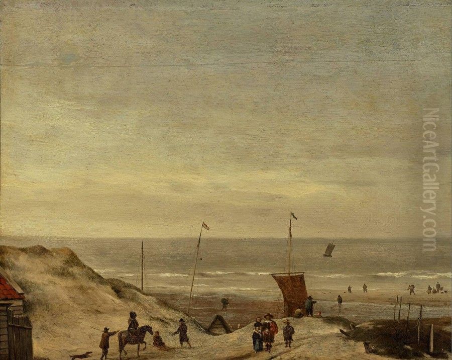 Strandgezicht met vissersschepen; op de voorgrond een man te paard en een elegant geklede man en vrouw Oil Painting by Willem van de Velde the Younger