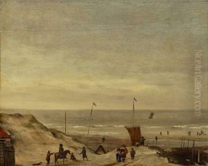 Strandgezicht met vissersschepen; op de voorgrond een man te paard en een elegant geklede man en vrouw
