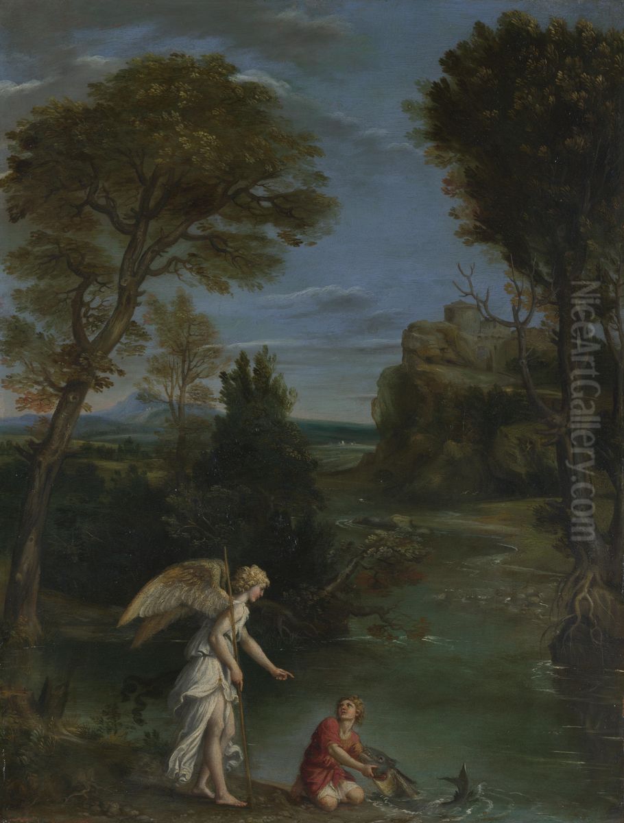 Landscape with Tobias laying hold of the Fish Oil Painting by Domenico Zampieri (Domenichino)