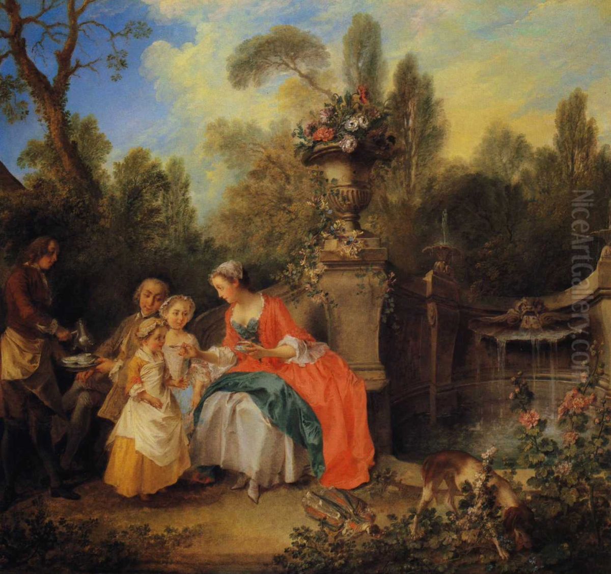 A Lady and Gentleman Taking Coffee with Children in a Garden Oil Painting by Nicolas Lancret