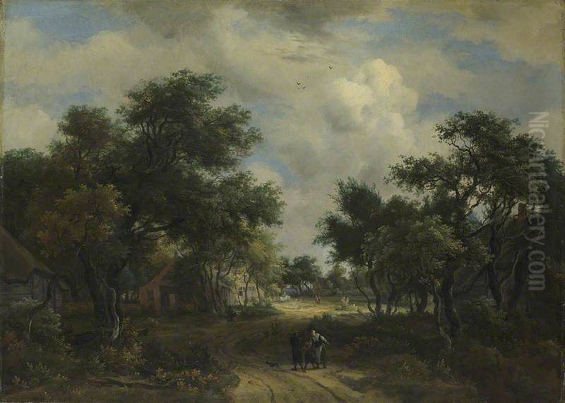 A Road winding past Cottages Oil Painting by Meindert Hobbema