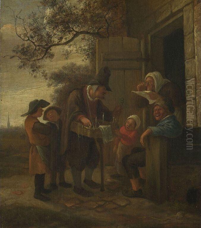 A Pedlar Selling Spectacles outside a Cottage. Oil Painting by Jan Steen