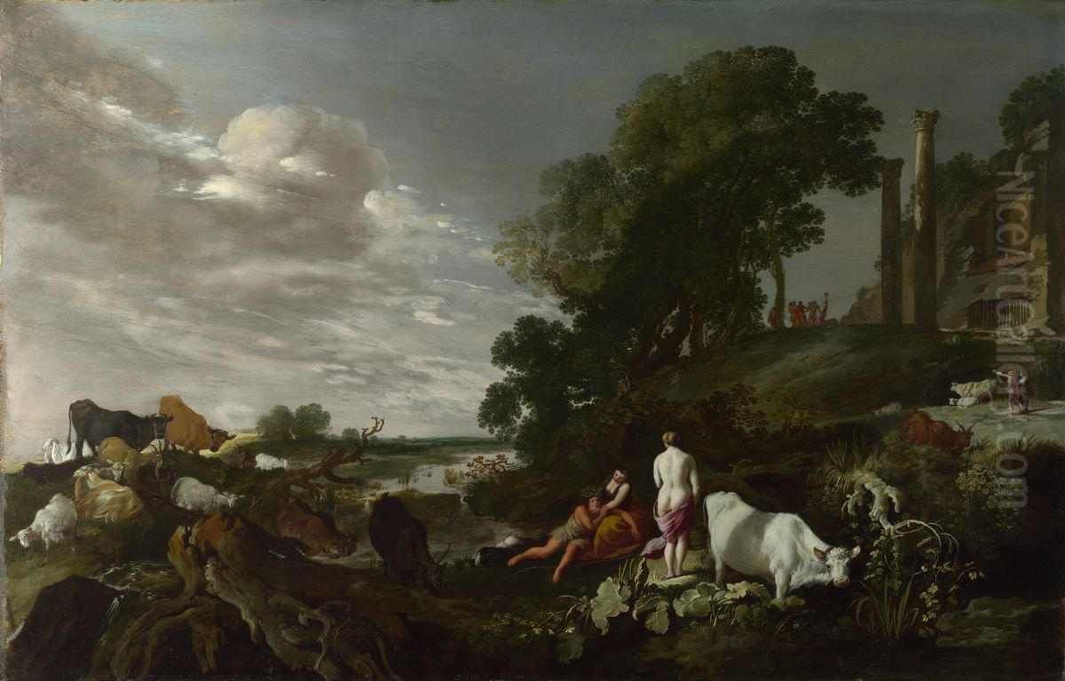 Landscape with Mythological Figures Oil Painting by Moses van Uyttenbroeck