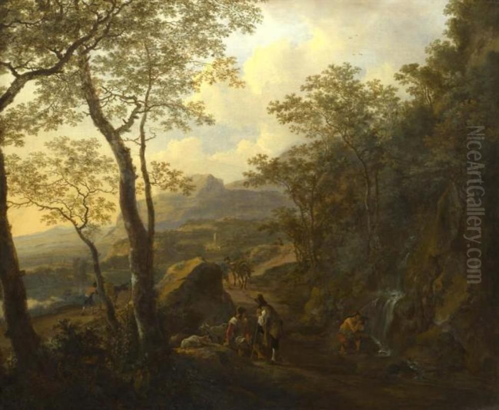 A Rocky Italian Landscape with Herdsmen and Muleteers Oil Painting by Jan Both