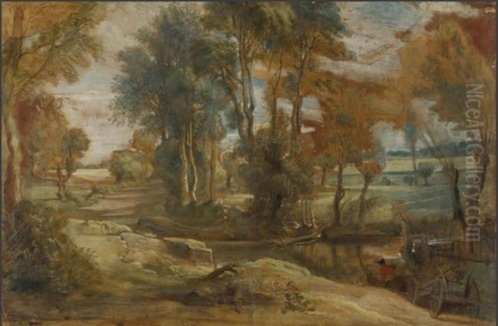 A Wagon fording a Stream Oil Painting by (studio of) Rubens, Peter Paul
