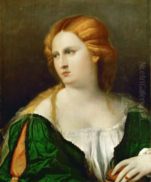 Junge Frau in grunem Kleid, in der Hand eine Schachtel Oil Painting by Palma Vecchio