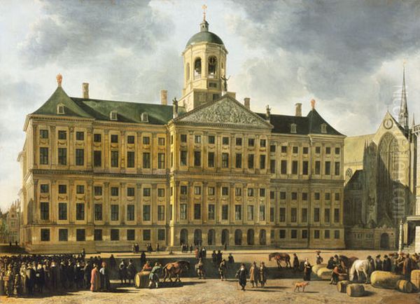 City hall on the Dam square in Amsterdam Oil Painting by Gerrit Adriaenszoon Berckheyde
