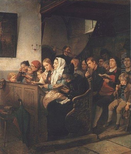 Village church with worshipers Oil Painting by Benjamin Vautier