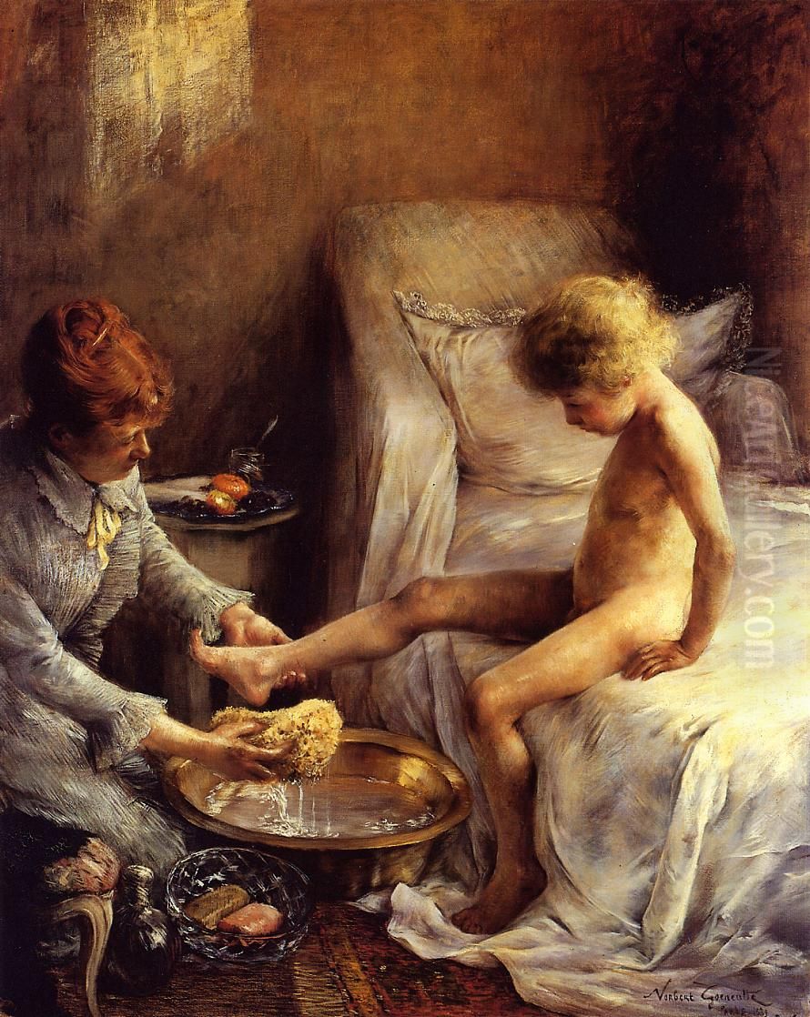Reine Goeneutte Washing the Young Jean Guerard in the Artist's Studio Oil Painting by Norbert Goeneutte