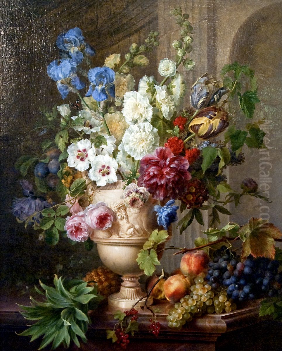 Bloemstilleven in een gebeeldhouwde vaas tegen een architecturale achtergrond Oil Painting by Gerard Van Spaendonck