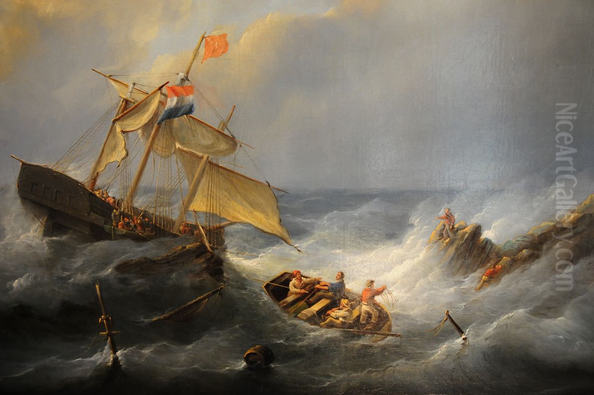 A ship in trouble at a rocky coast Oil Painting by Christiaan Cornelis Kannemans